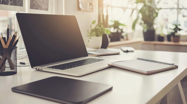 A graphic designer's workspace with a drawing tablet, sketchbook, and an open laptop on a clean desk.