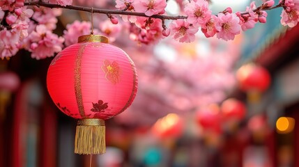 Obraz premium Pink lantern hanging from cherry blossom branch.