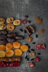 Composition of dried fruits dates, figs, apricots, churchkhela