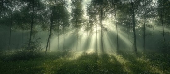Naklejka premium Sunbeams in misty forest; nature wallpaper