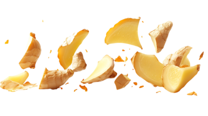 Flying sliced ginger root pieces on white or transparent background.