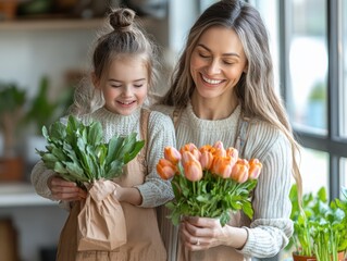 Happy family moments celebrating love and togetherness at home with flowers