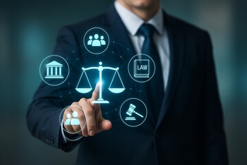 Digital Law and Justice Concept with Scales, Lawyer Holding Icons in Modern Business Environment