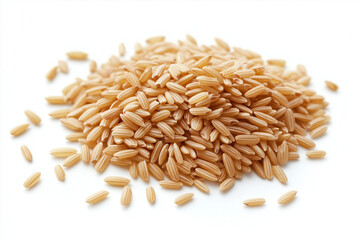 Obraz premium Close-up top view of scattered brown rice grains on a white background, highlighting the natural texture and earthy tones of the rice for food photography or culinary design