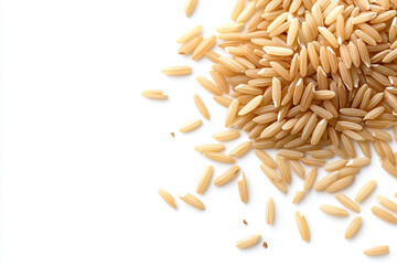 Obraz premium Close-up top view of scattered brown rice grains on a white background, highlighting the natural texture and earthy tones of the rice for food photography or culinary design