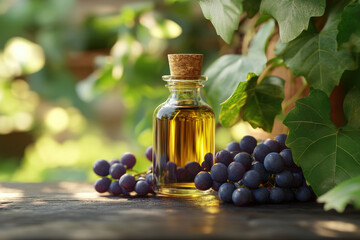 bottle of grape seed oil sits elegantly beside cluster of dark grapes, surrounded by lush green leaves. warm sunlight enhances rich colors, creating serene and inviting atmosphere