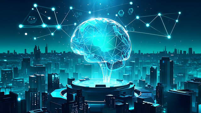 Artificial Intelligence Brain Interacting with Earth Hologram, Polygon Fragmentation and Reconstruction Animation, X-Ray Perspective Effect, Fluorescent Marker Paths, Top Light Projection, Monochromat
