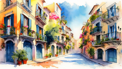 Fototapeta premium A sunlit street in a European town, depicted in a watercolor style, with colorful buildings, balconies, and potted plants