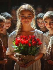 Happy family moments celebrating love and togetherness at home with flowers