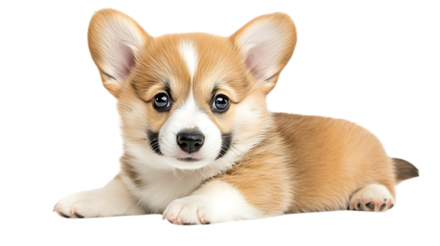 Cute Pembroke Welsh Corgi puppy lying down on white or transparent background.