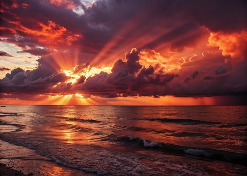 Fiery sunset explodes across the ocean, painting the sky with dramatic hues and breathtaking light rays, creating a fiery masterpiece over tranquil waves.
