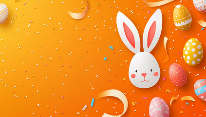 Easter Banner with White Paper-Cut Rabbit Ears & Eggs on Vibrant Orange (Vector Illustration, Copy Space, Party Decor)