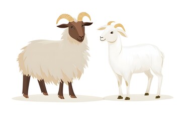 Fototapeta premium Two sheep, one white and one brown, are standing next to each other