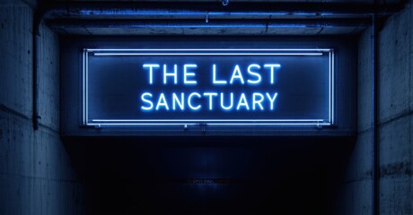 Obraz premium Neon last sanctuary sign glowing faintly on hidden underground entrance deep navy and bright silver symbolizing final refuge