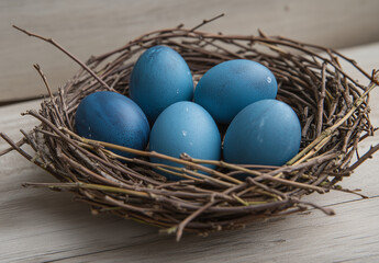 Obraz premium Minimalist Blue Easter Eggs in Willow Nest - Flat Lay on Light Wooden Background with Copy Space, Perfect for Holiday Branding (AI Generated)