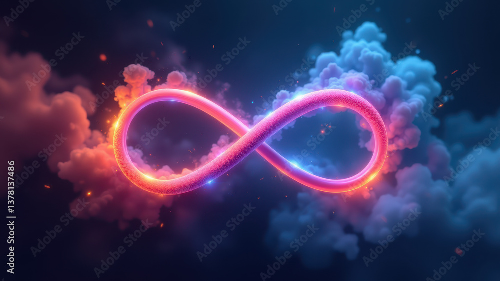 Poster a vibrant digital artwork featuring a dynamic infinity symbol with flowing clouds and nebulous eleme