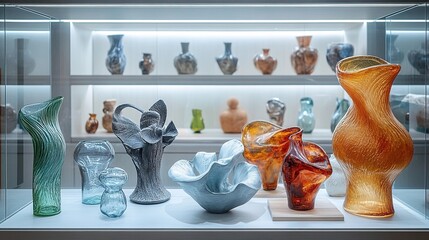 Exquisite Handicrafts from Recycled Resources in Display Cabinet, Showcasing Unique Shapes and Colors