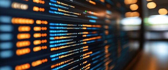 Code display. Orange and blue highlighted text on a dark screen, depth of field effect