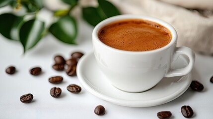 Fresh aromatic coffee in a white cup with coffee beans