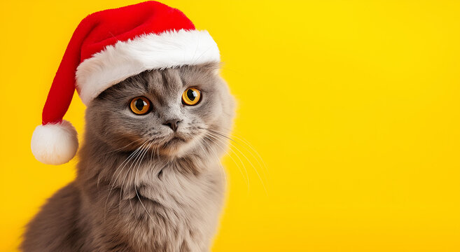 Gato cinza engraçado de pelo longo com chapéu de Papai Noel, animal de estimação de Natal, fundo amarelo, felino festivo, imagem de gato de feriado