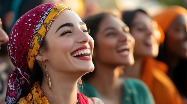 Women from different cultures gathered with joyful expressions representing unity and hope