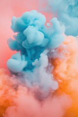 Fototapeta premium A dramatic action shot of billowing plumes of pink, blue, and orange dense smoke swirling in the air, set against a minimal background.
