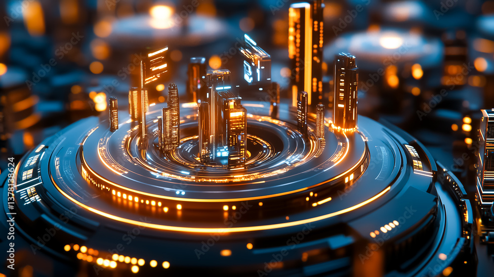 Poster futuristic cityscape with glowing skyscrapers surrounded by a digital landscape. bright lights creat