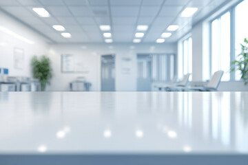 clean office desk in foreground showcases modern workspace with bright lighting and large windows. atmosphere is calm and professional, ideal for productivity