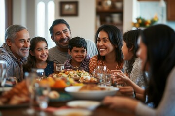 A warm, candid scene of a diverse, multigenerational family gathered around a dining table, sharing a meal and laughter.