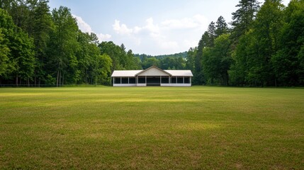 Expansive Grass Field Surrounding a Spacious Outdoor Pavilion in a Serene Forest Landscape