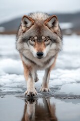 Obraz premium Majestic wolf strides confidently across icy terrain in a serene winter landscape under soft, muted light Generative AI