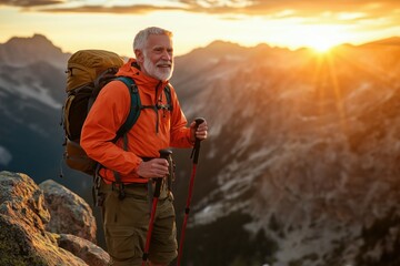 An adventurous and awe-inspiring image of an old man in his 70s hiking a rugged mountain trail at sunrise.