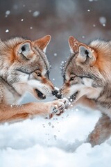 Wolves playfully interact in a snowy forest landscape under a soft winter light Generative AI