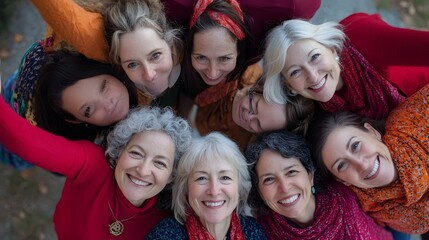 Group of women of various ages smiling together in a circle of friendship and empowerment