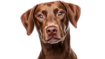Curious brown puppy tilt head, animal portrait, isolated, cut out transparent