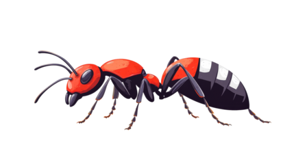 Cartoon ant crawls with red head and black body, cut out transparent