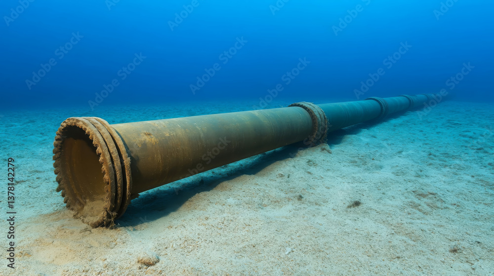 Poster submerged view of large metal pipeline resting ocean floor, showcasing its rusted texture