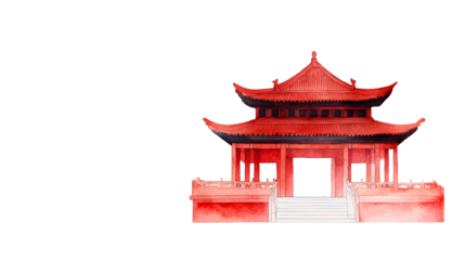 Red pagoda architecture, watercolor drawing, China culture isolated, cut out transparent