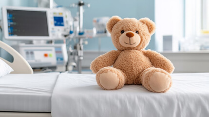 soft focus image of cute teddy bear toy sitting on hospital bed, evoking comfort and warmth