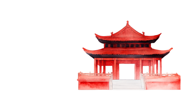 Red pagoda architecture, watercolor drawing, China culture isolated, cut out transparent