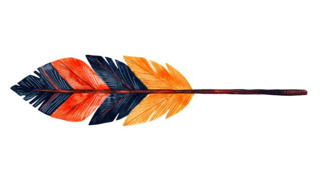 Striped feather artwork with orange, blue hues, cut out transparent