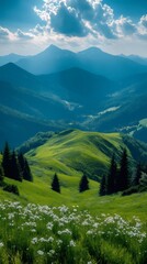Majestic mountain peaks rising above green hills and blooming wildflowers