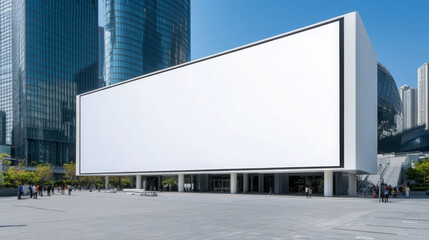 Fototapeta premium wide blank outdoor LED screen is positioned in urban setting, surrounded by modern buildings