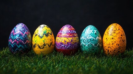 Colorful painted eggs arranged on the green grass for celebration