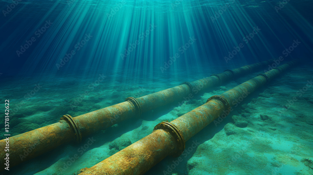 Poster underwater pipeline showing rusted sections illuminated by sunlight, creating serene atmosphere