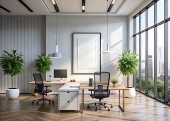 Meeting room with empty display white blank frame mockup. Modern business offices reception background as banner with copy space.
