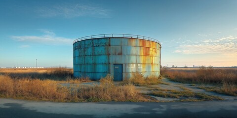 Modern water storage tank, large cylindrical structure with vibrant blue exterior, surrounded by a...