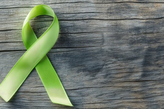 A Lime Green ribbon represents awareness and support for Lymphoma Cancer and mental health, illustrated as a solitary bow with a clipping path on a distressed wooden surface - Powered by Adobe
