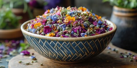 Colorful bowl of mixed salad with vibrant flowers, healthy ingredients, refreshing summer dish, ideal for recipe sharing.