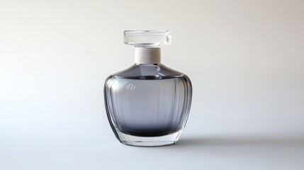 Elegant glass perfume bottle with gradient liquid on light background.